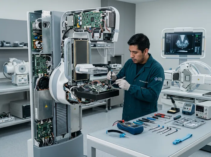 Técnico realizando reparación de mamógrafo